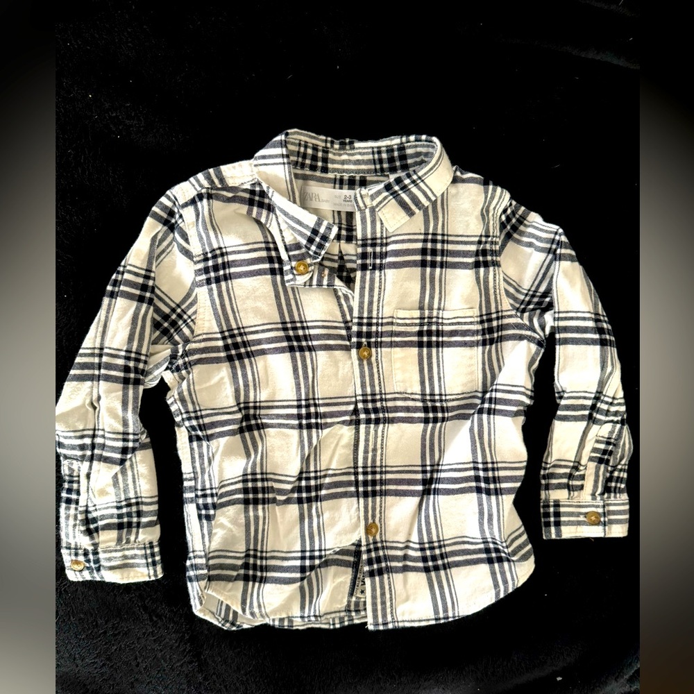 2-3YO, Zara blue/white checkered button up flannel shirt.